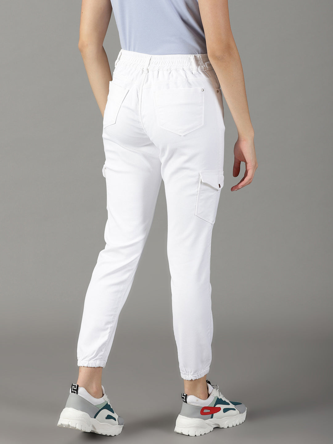 Women's White Solid Jogger Denim Jeans