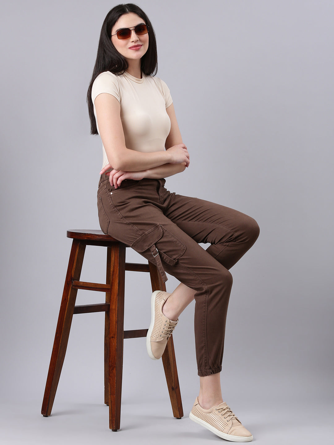 Women's Brown Solid Jogger Denim Jeans