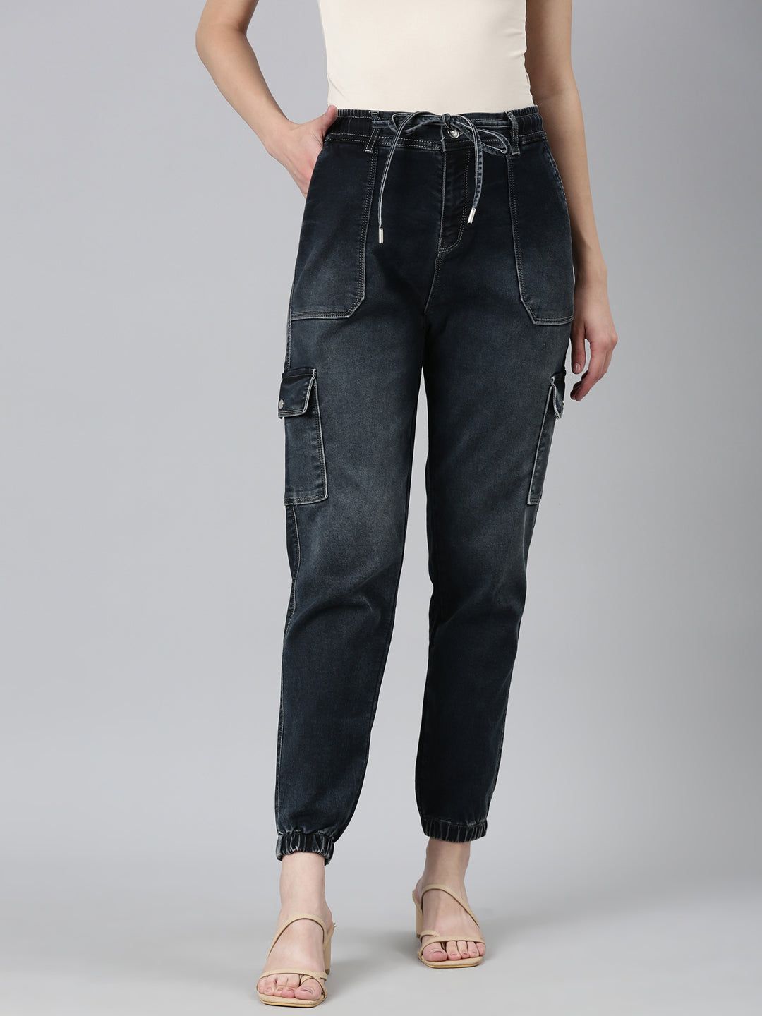 Women Navy Blue Solid Jogger Denim Jeans