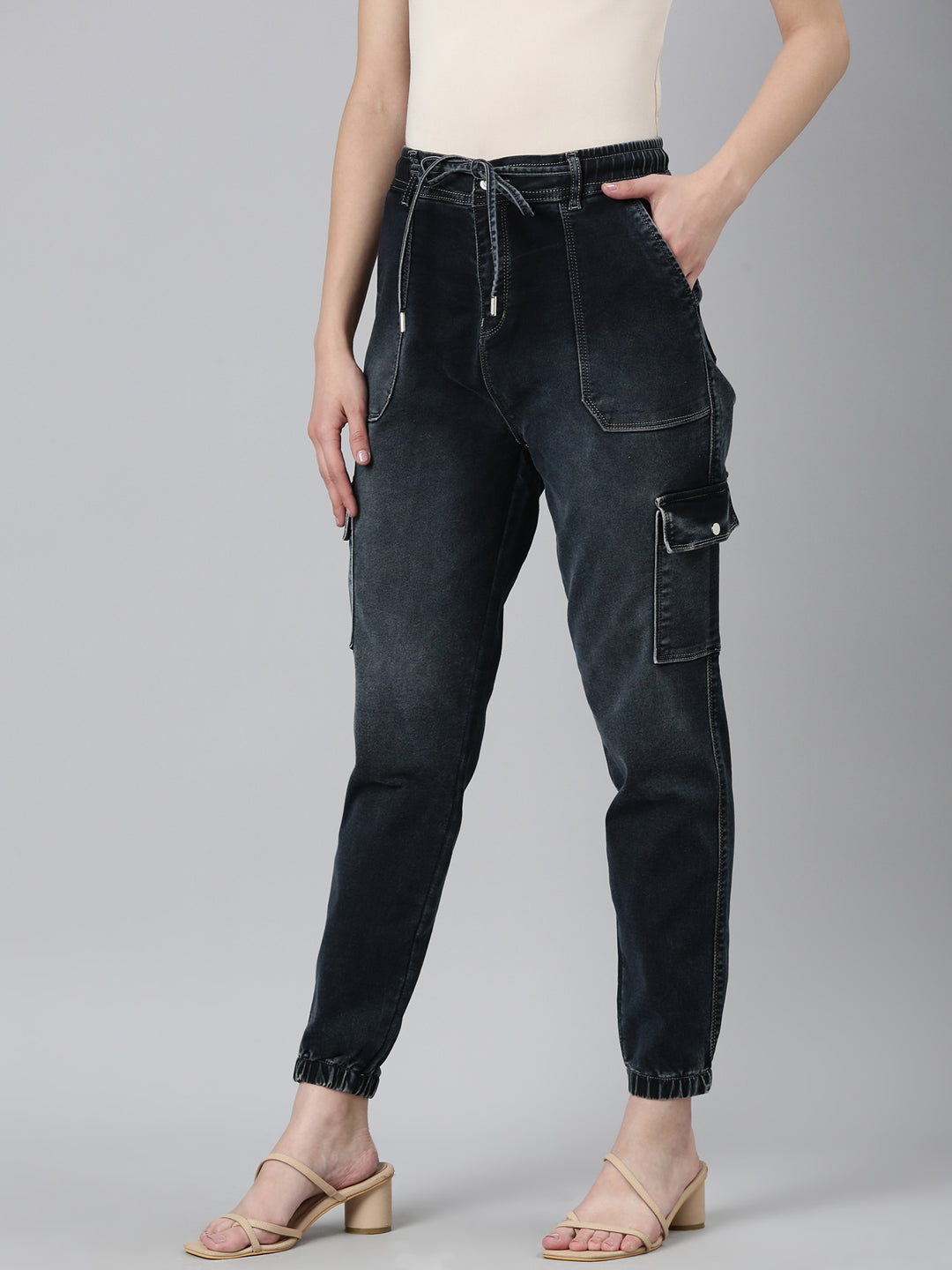 Women Navy Blue Solid Jogger Denim Jeans