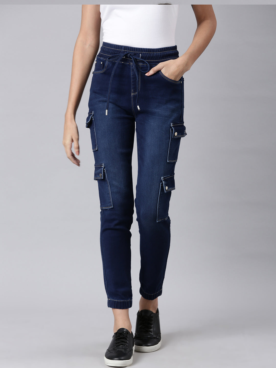 Women Navy Blue Solid Jogger Denim Jeans