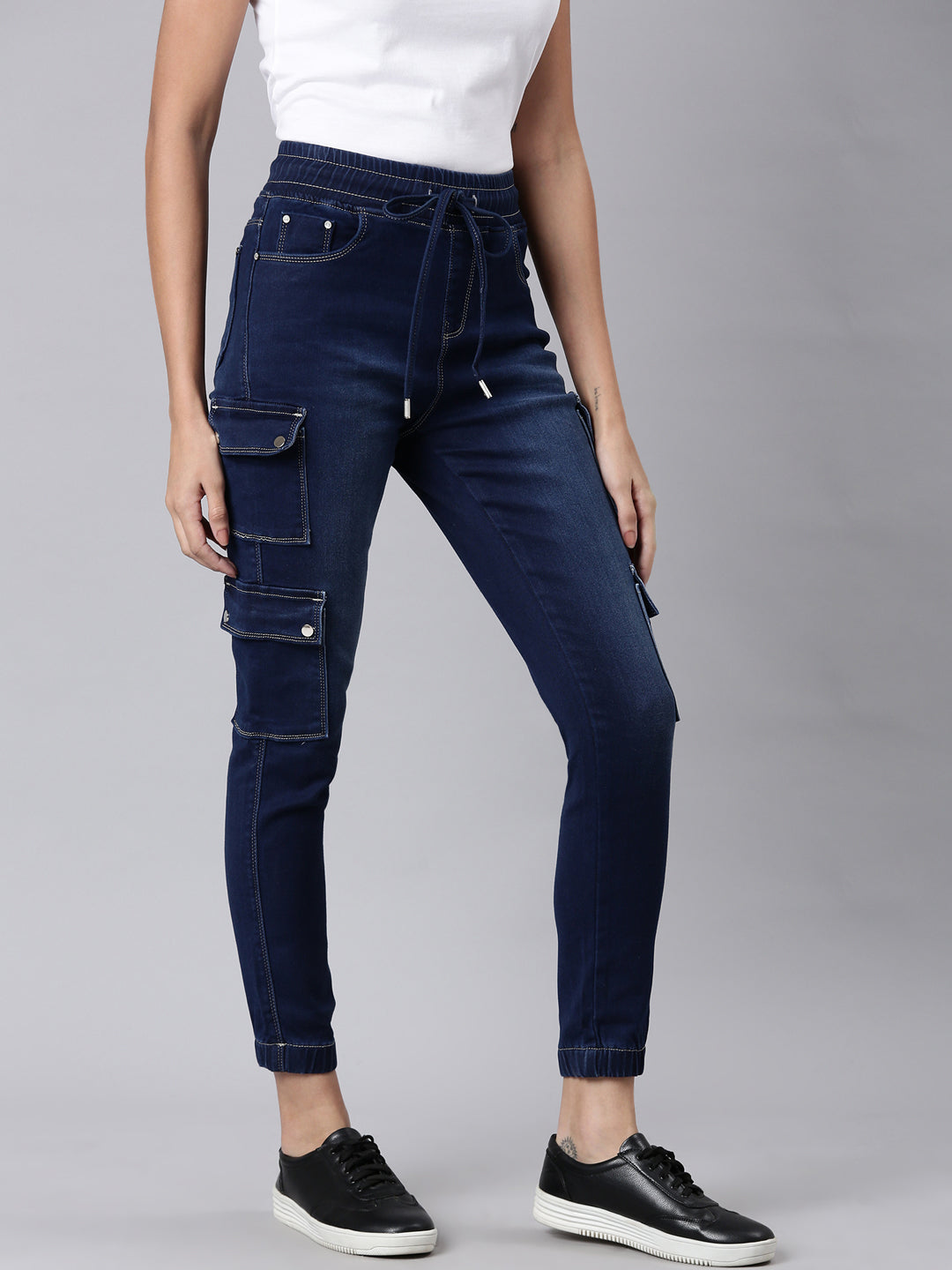 Women Navy Blue Solid Jogger Denim Jeans