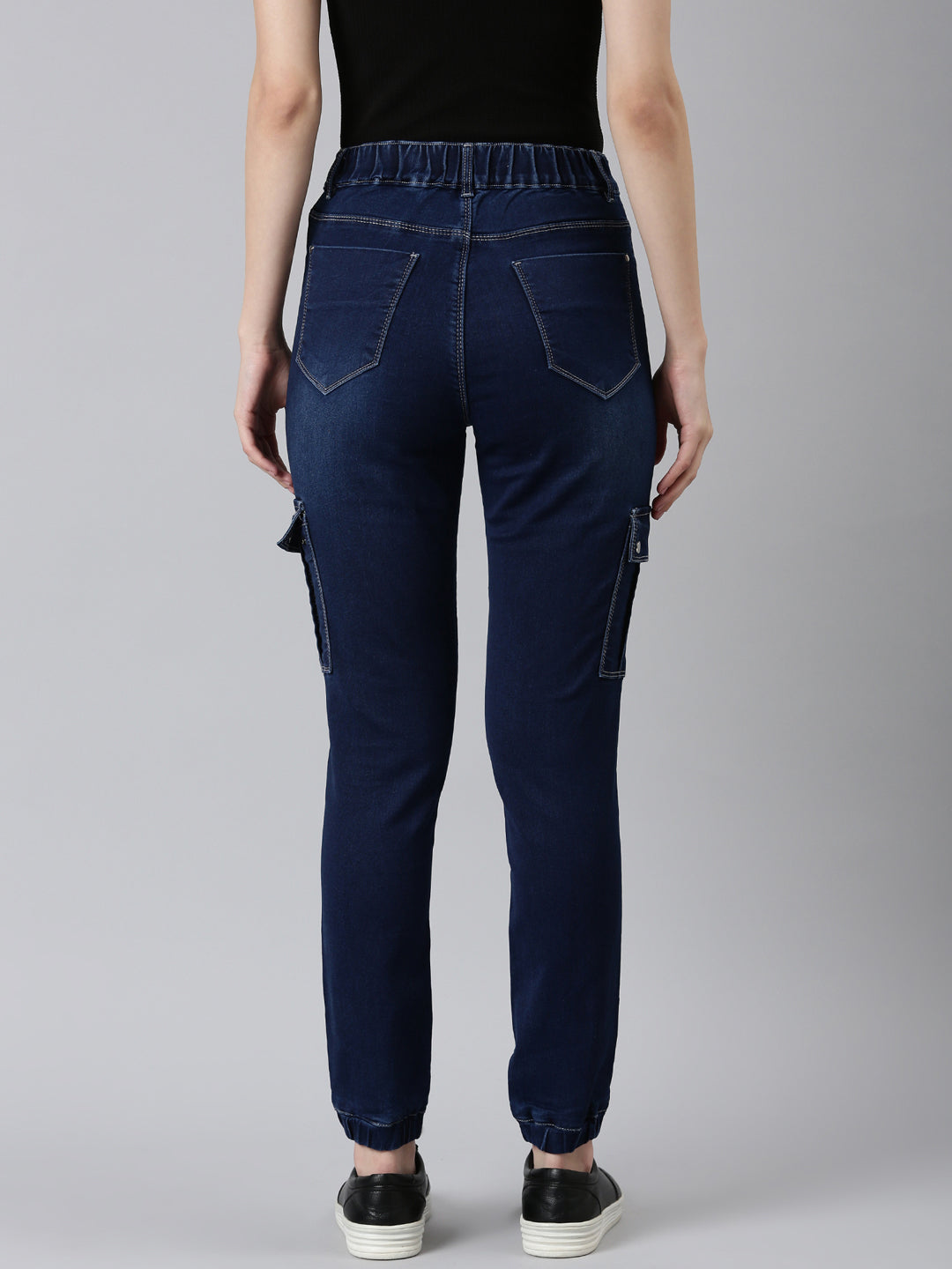 Women's Navy Blue Solid Jogger Denim Jeans