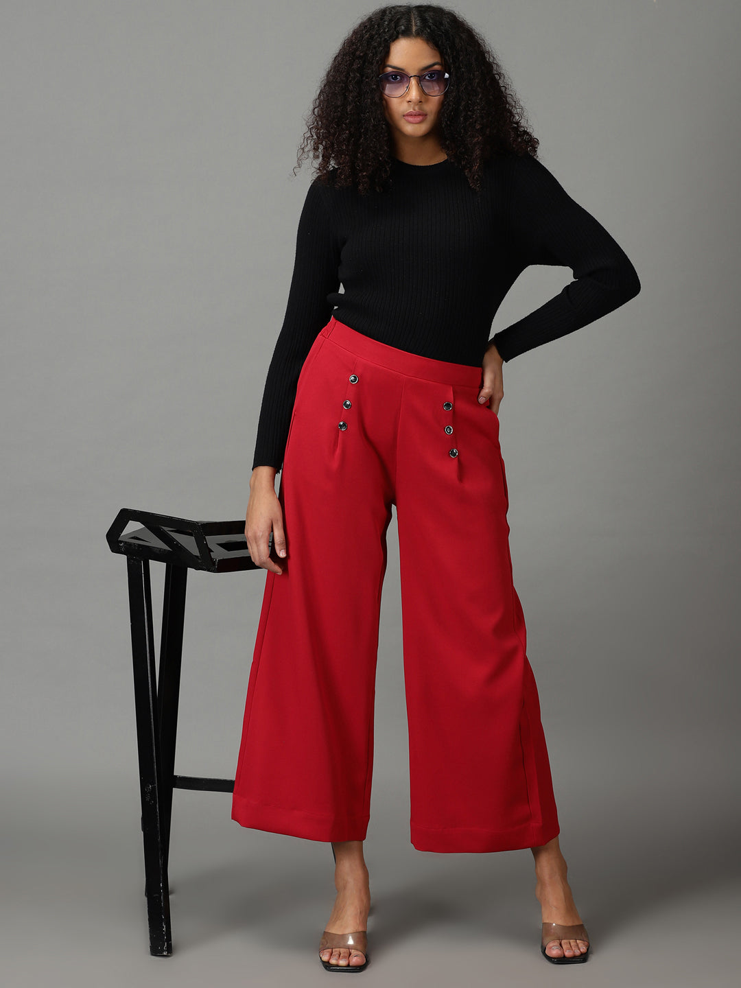 Women's Maroon Solid Parallel Trouser