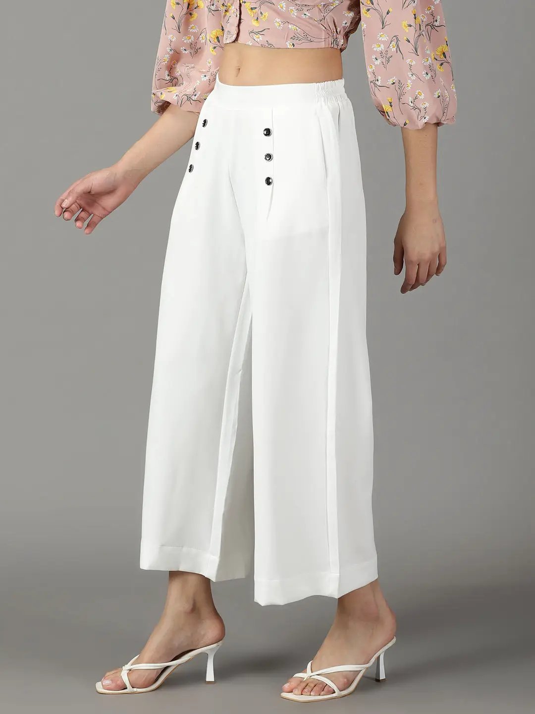 Women's White Solid Parallel Trouser