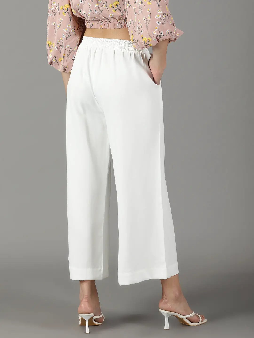 Women's White Solid Parallel Trouser