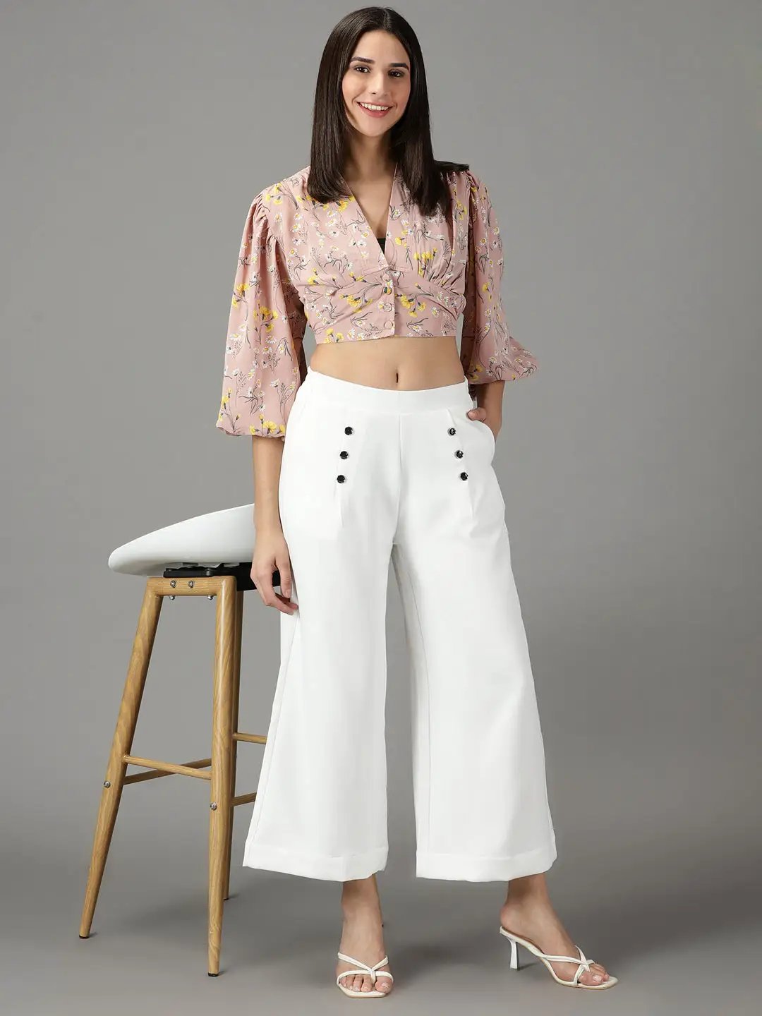 Women's White Solid Parallel Trouser