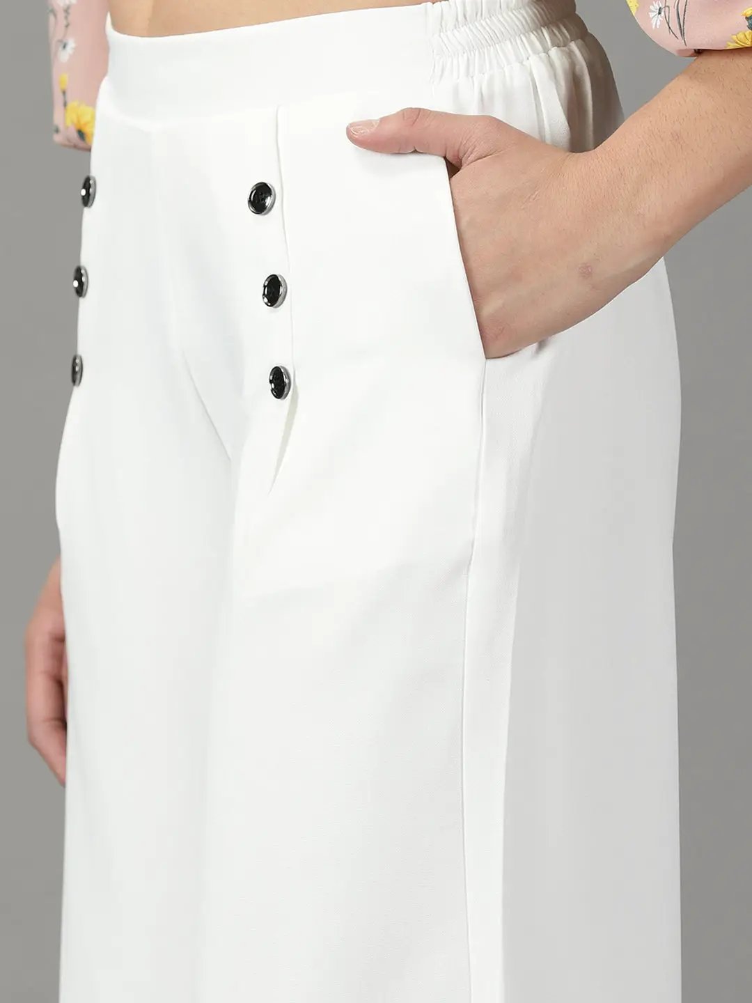 Women's White Solid Parallel Trouser