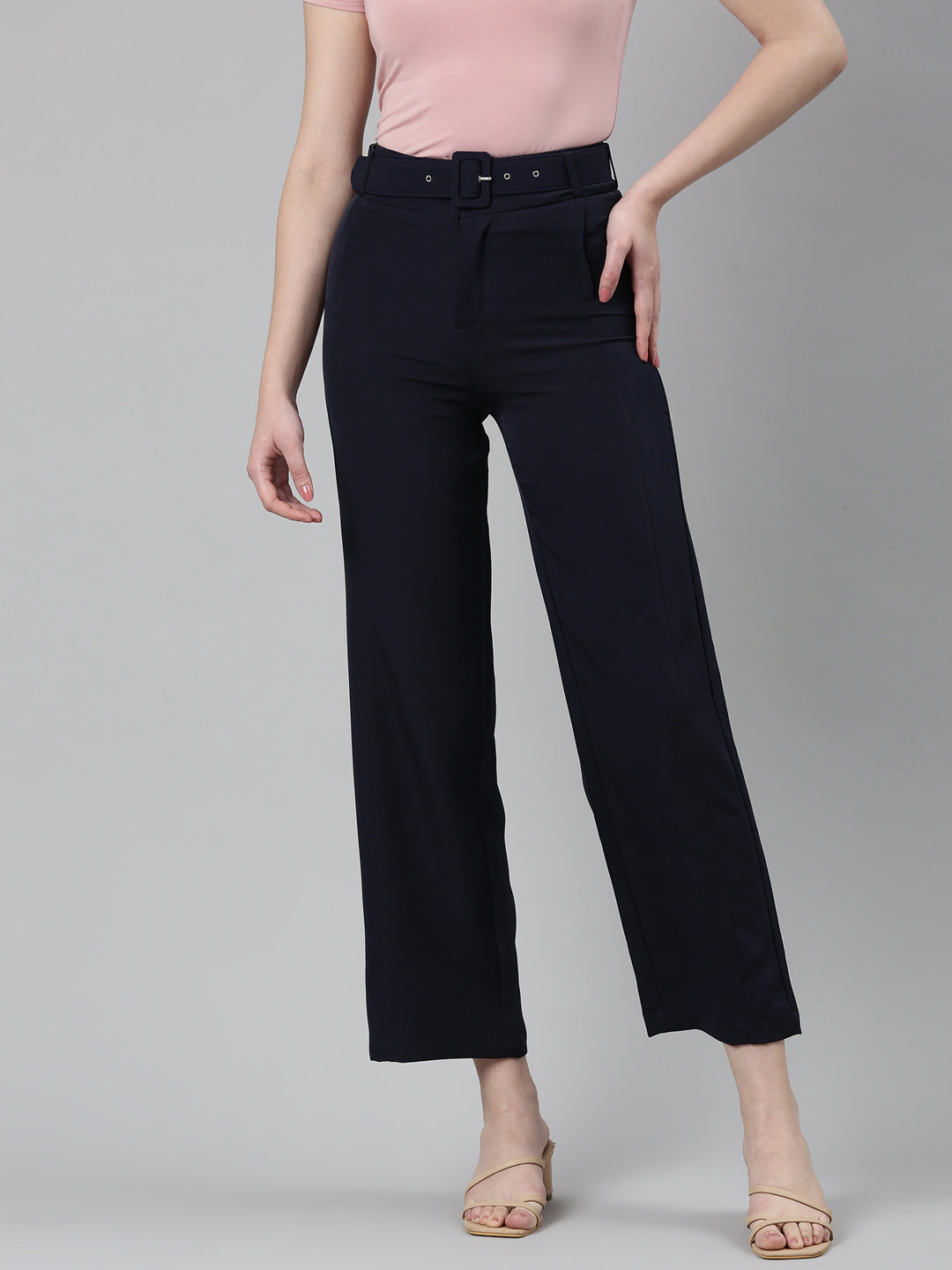 Women Navy Blue Solid Formal Trouser