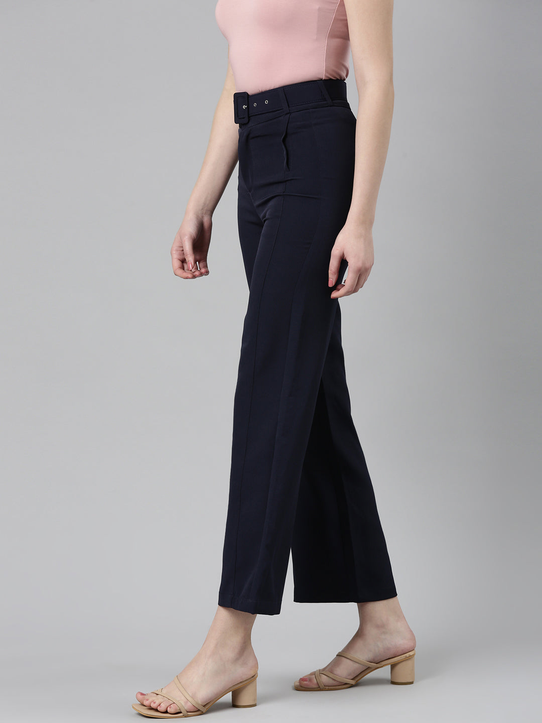 Women Navy Blue Solid Formal Trouser