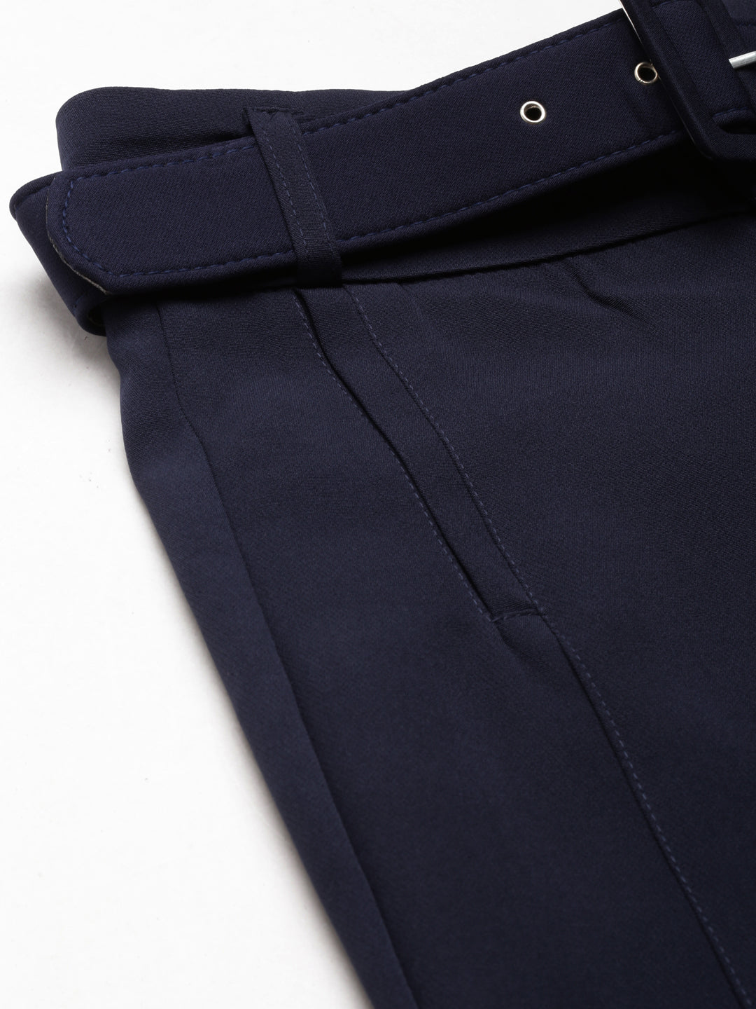 Women Navy Blue Solid Formal Trouser