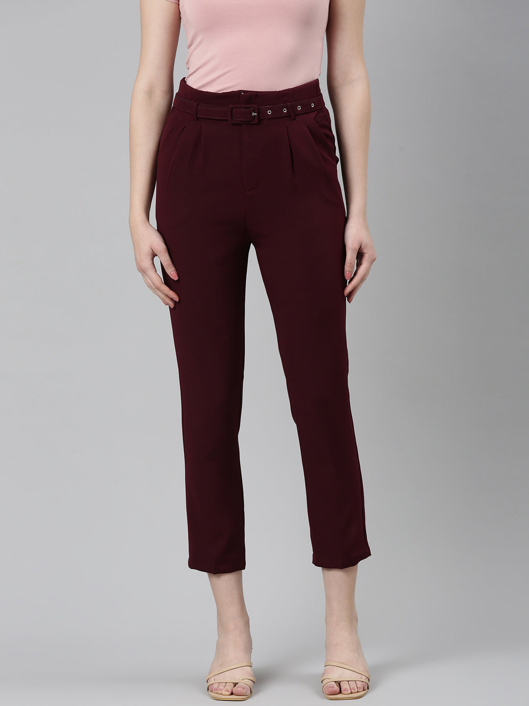 Women Burgundy Solid Peg Trouser