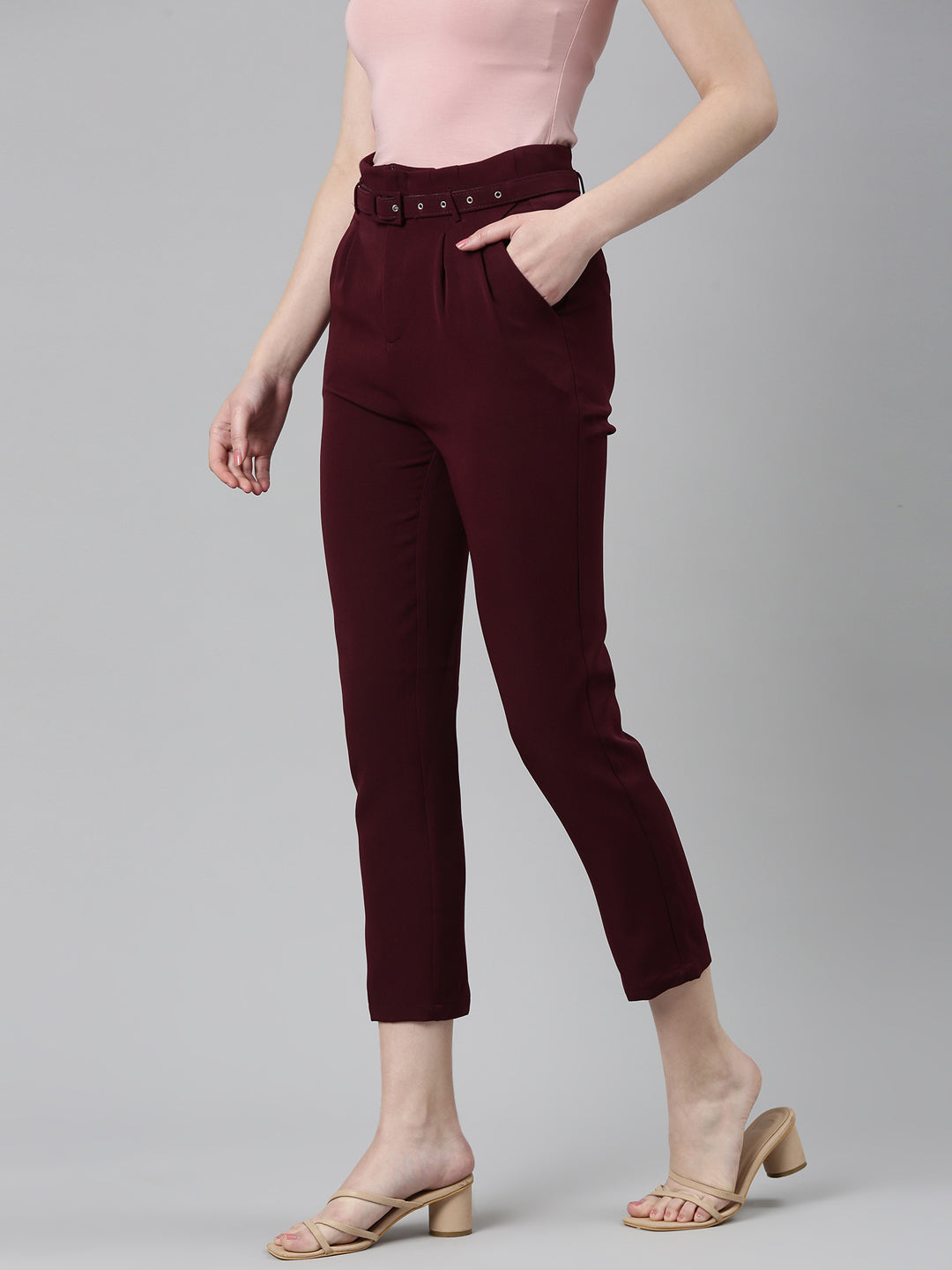 Women Burgundy Solid Peg Trouser