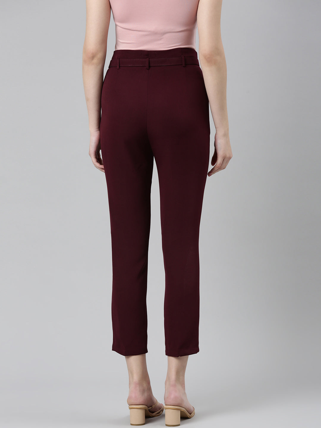 Women Burgundy Solid Peg Trouser