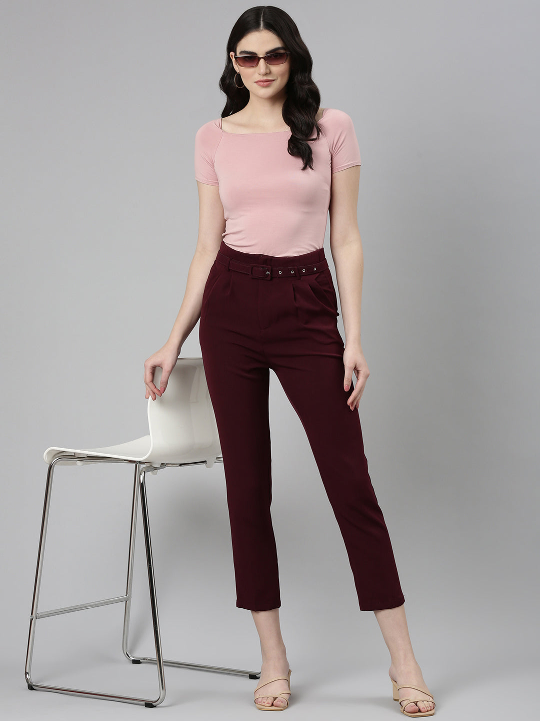 Women Burgundy Solid Peg Trouser