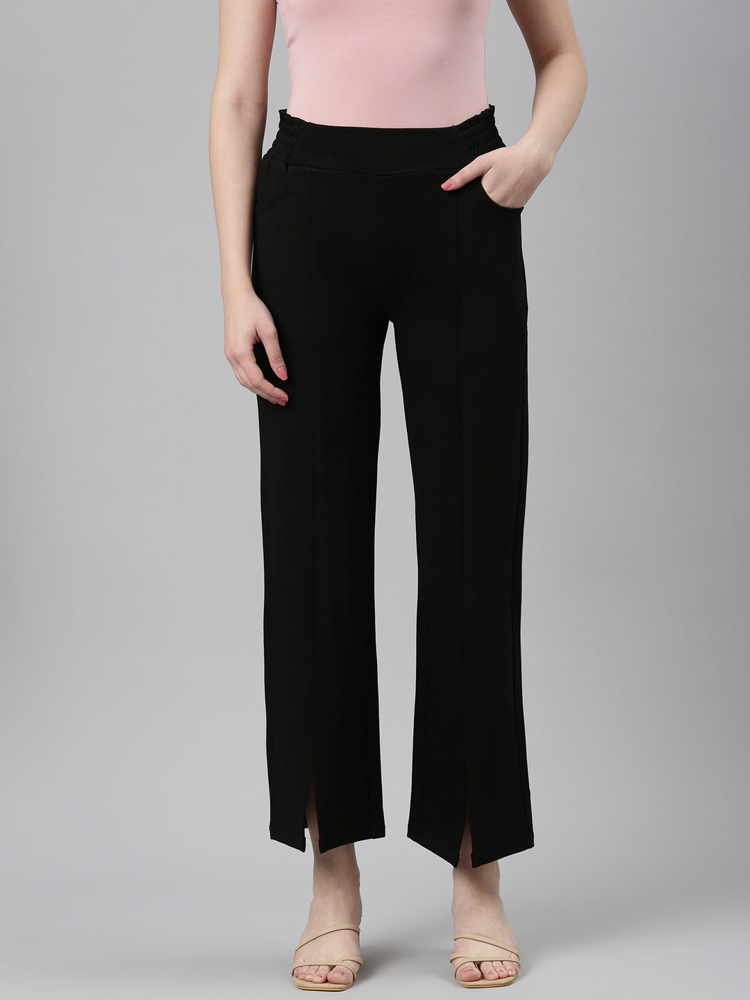 Women Black Solid Parallel Trouser