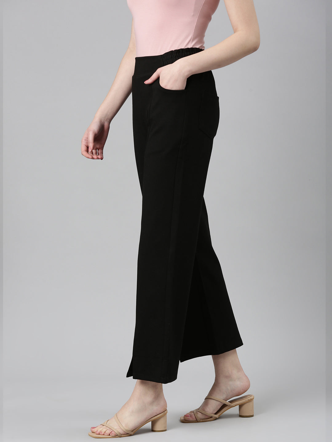 Women Black Solid Parallel Trouser