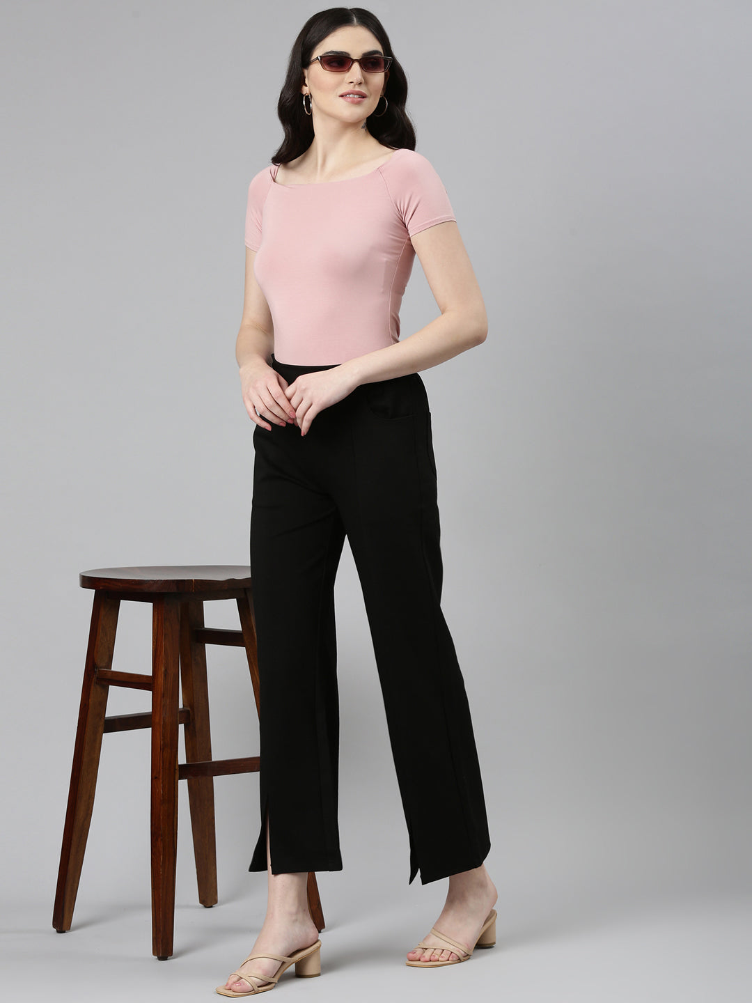 Women Black Solid Parallel Trouser