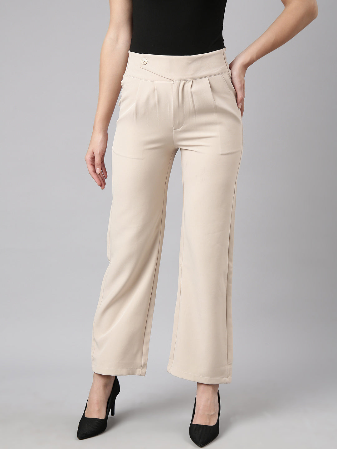 Women Solid Beige Parallel Trousers