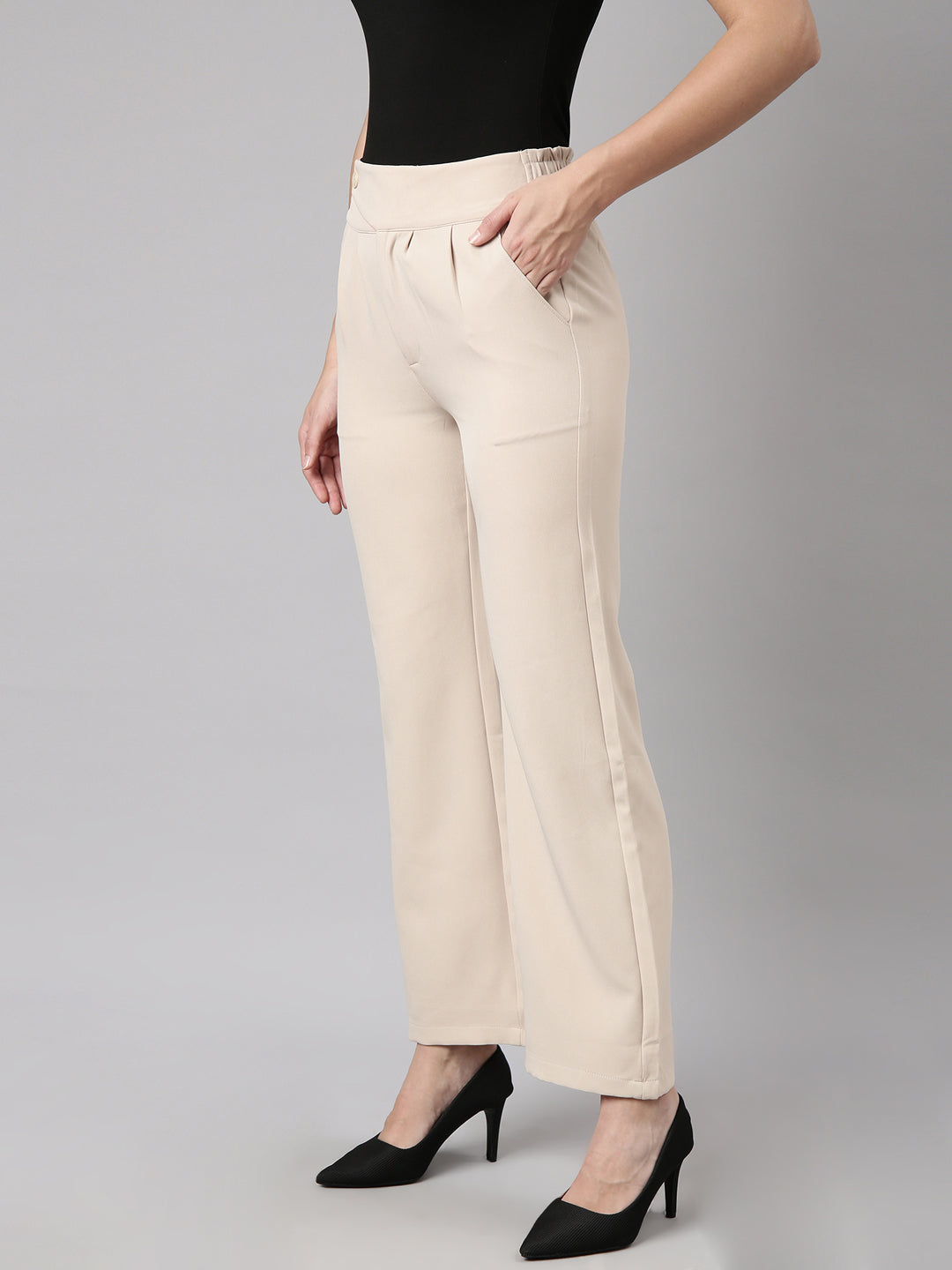 Women Solid Beige Parallel Trousers