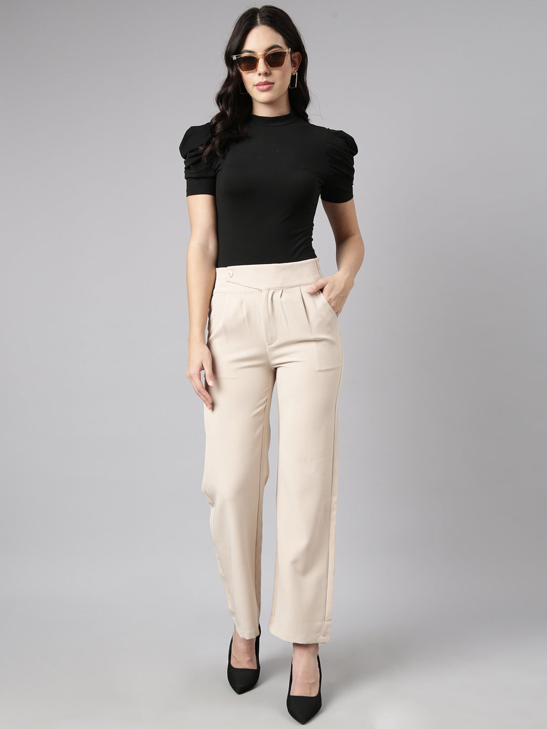 Women Solid Beige Parallel Trousers