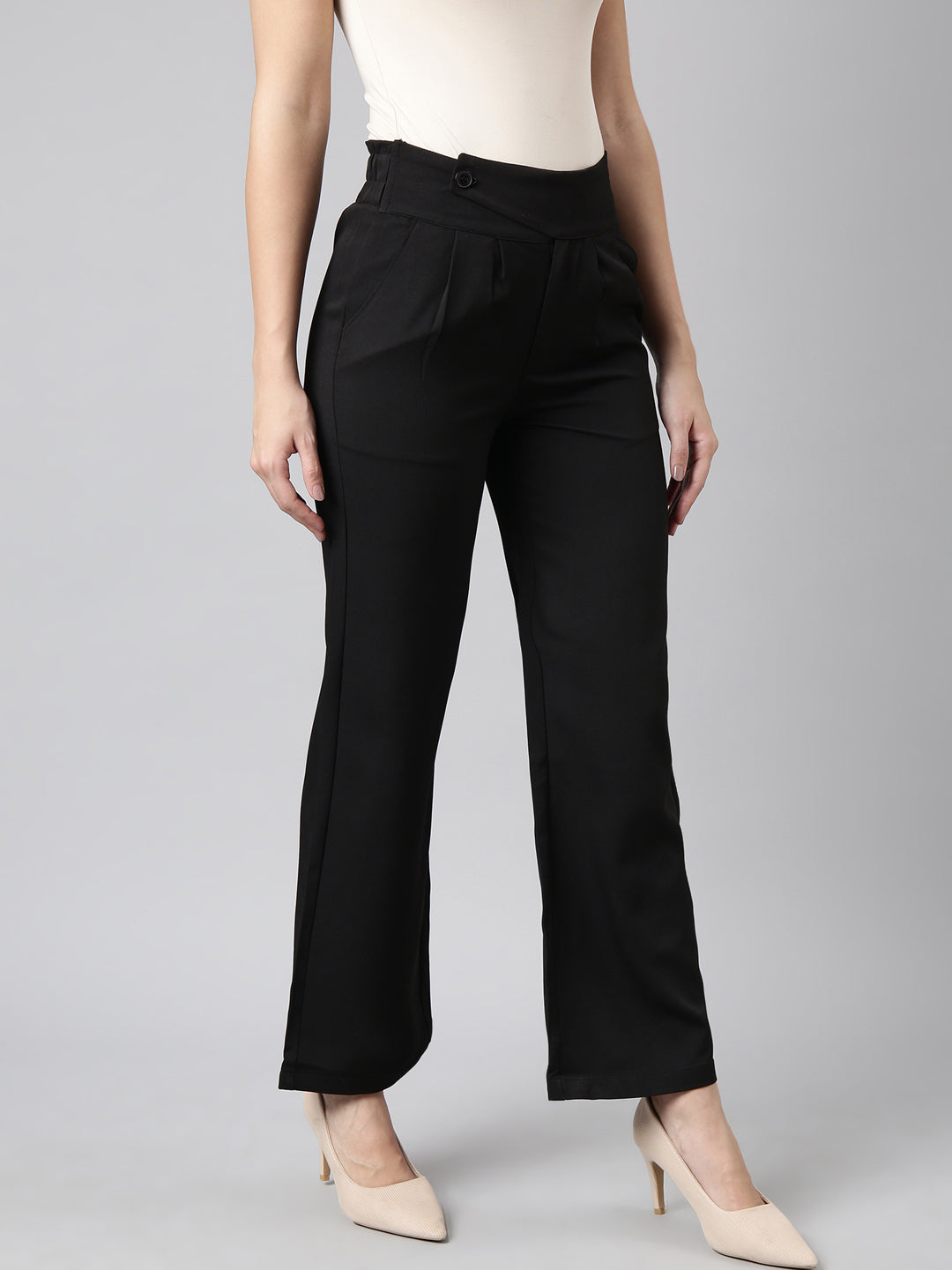 Women Solid Black Parallel Trousers