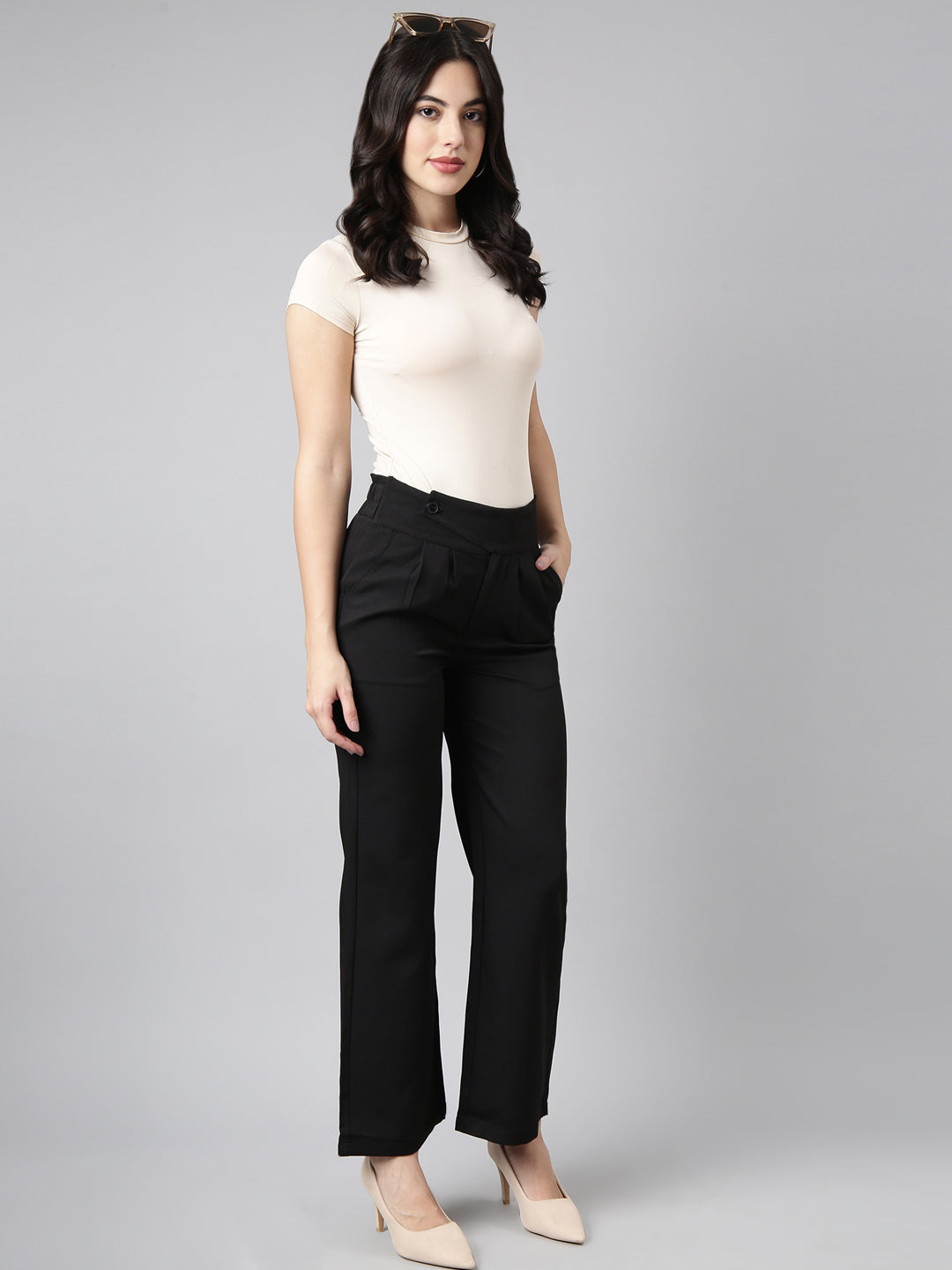 Women Solid Black Parallel Trousers