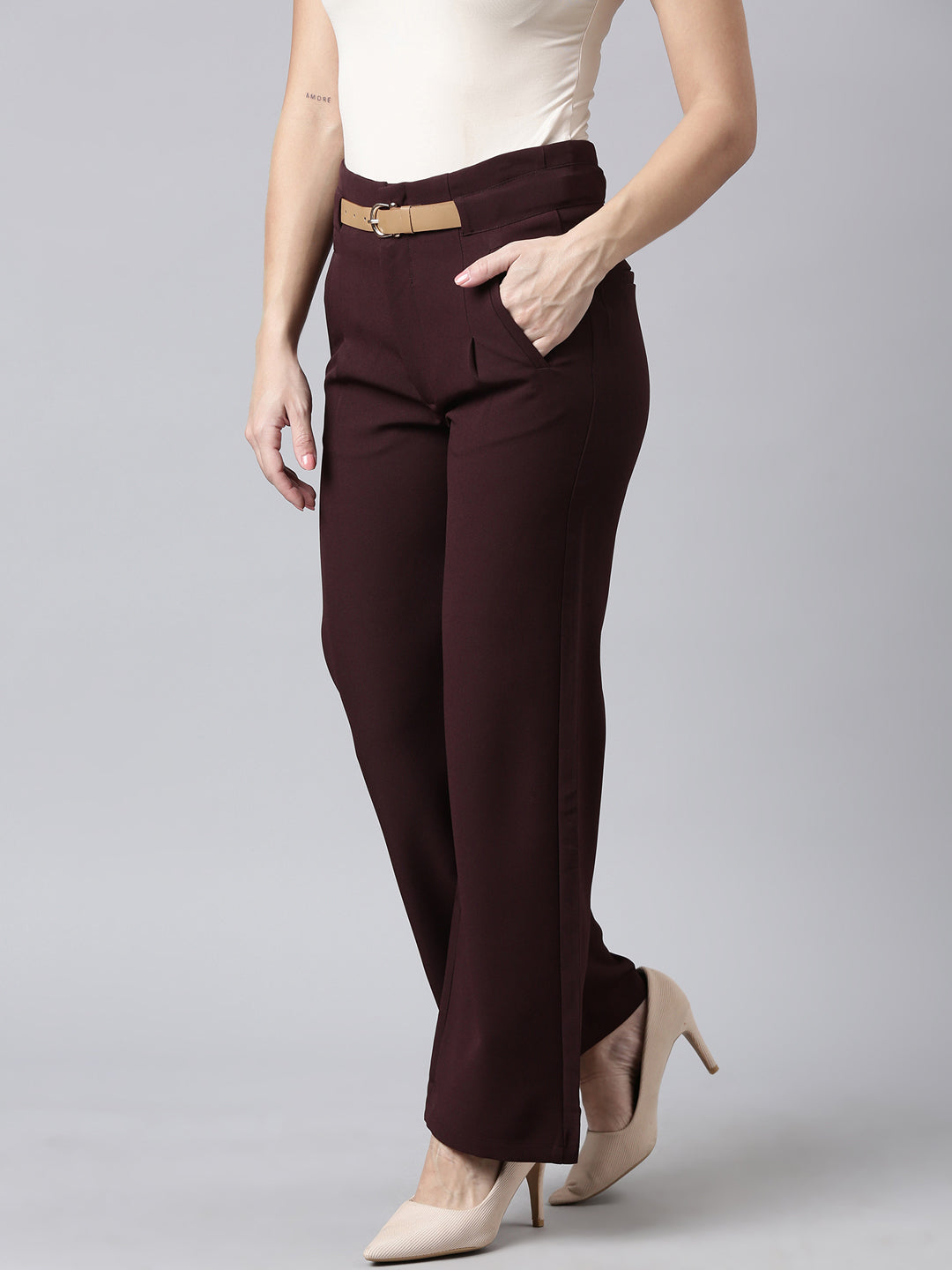 Women Solid Burgundy Parallel Trousers