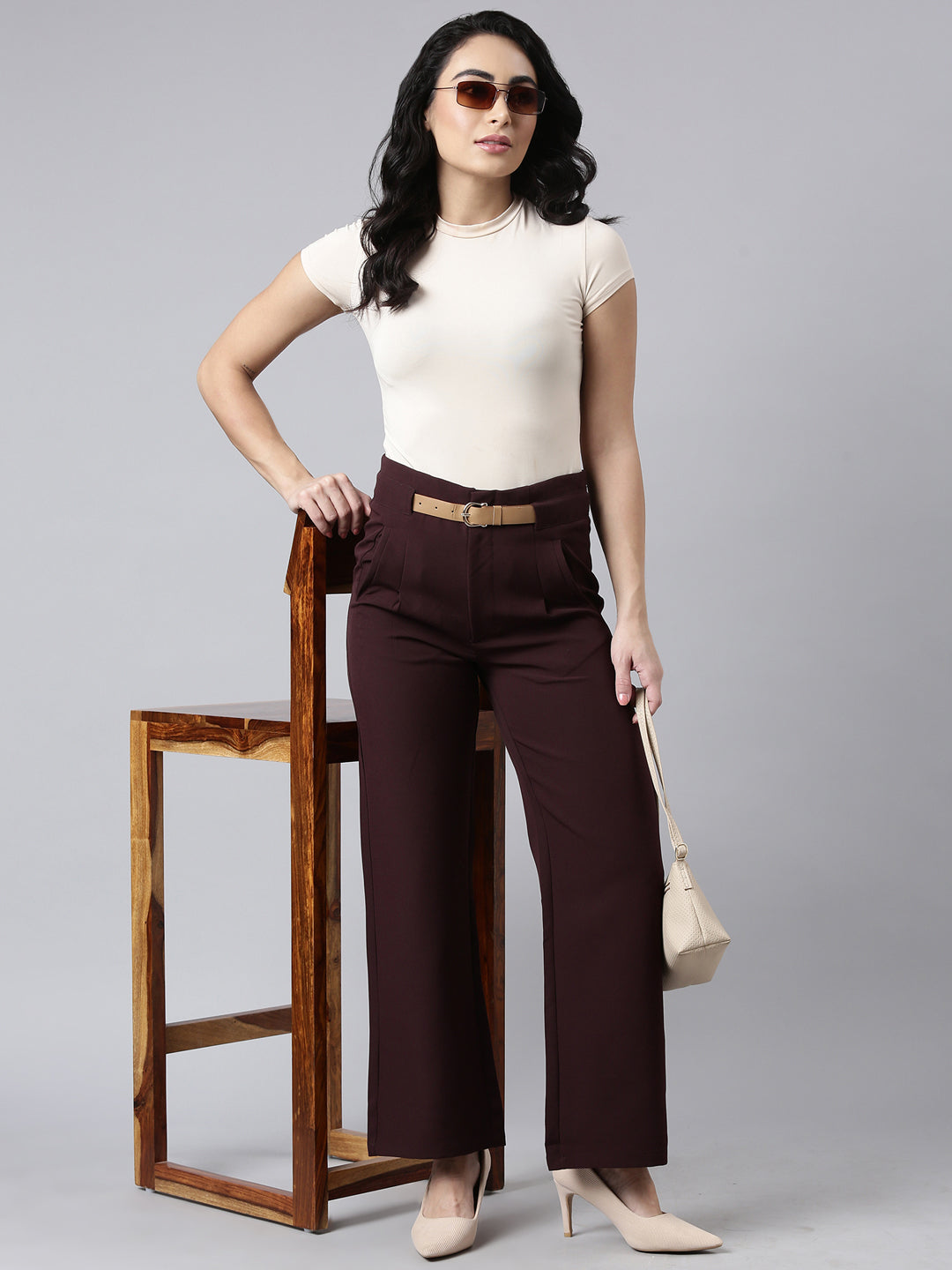 Women Solid Burgundy Parallel Trousers