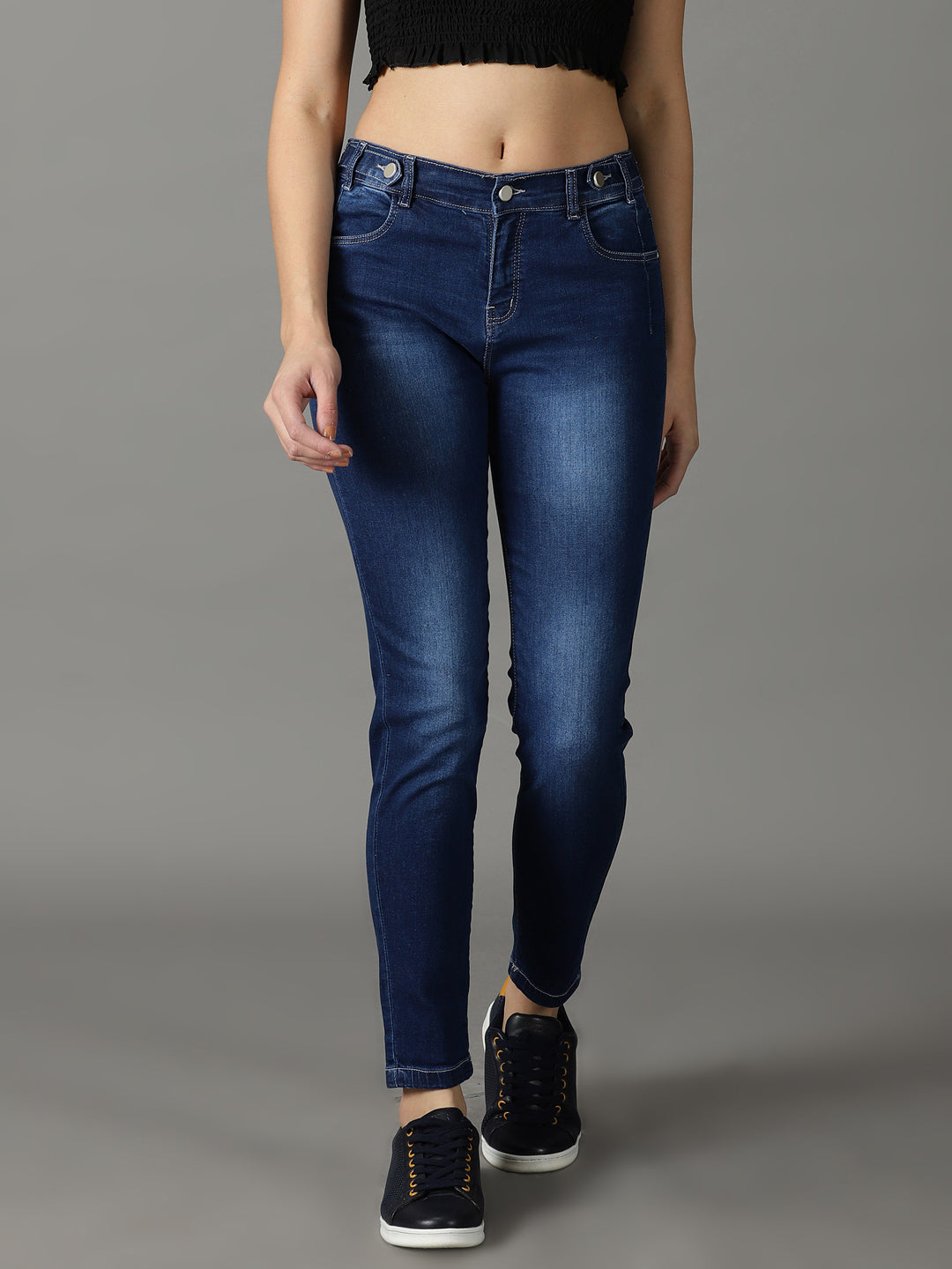 Women's Navy Blue Solid Mom Fit Denim Jeans