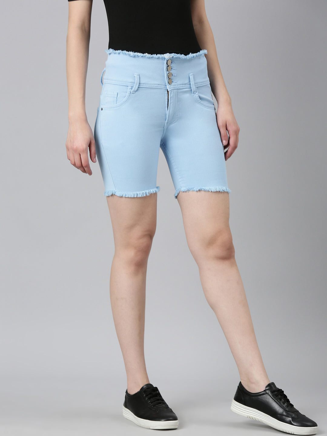 Women Blue Solid Denim Shorts