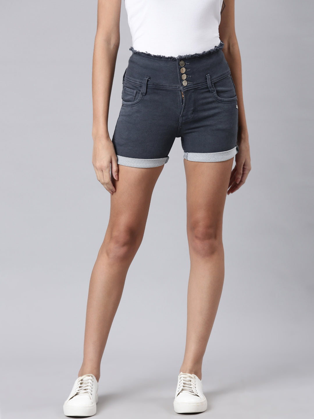 Women Grey Solid Denim Shorts