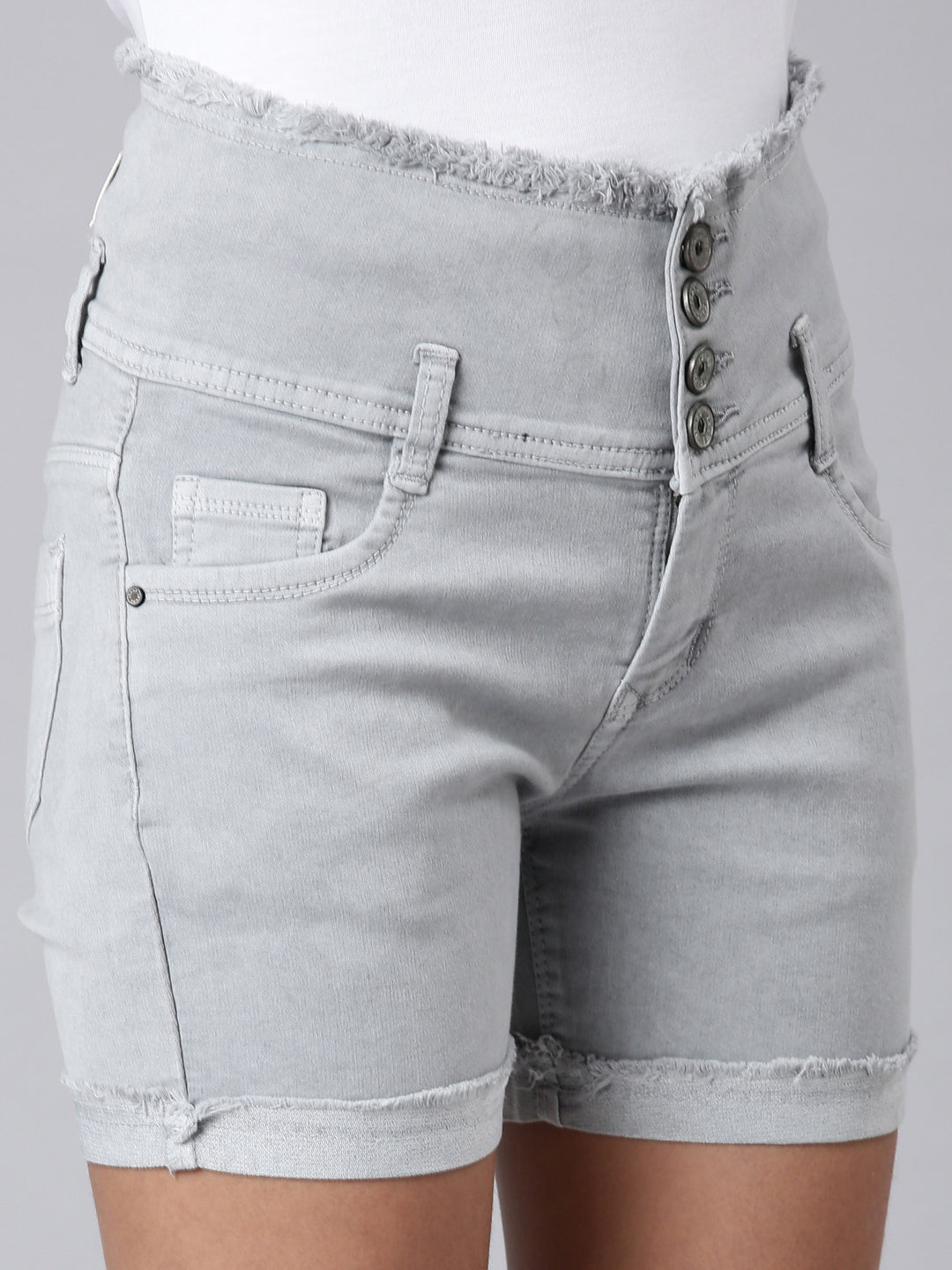 Women Grey Solid Denim Shorts