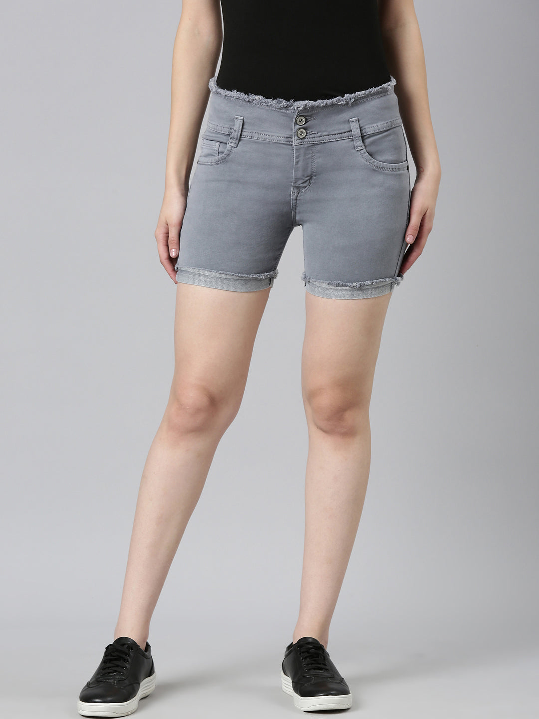 Women Grey Solid Denim Shorts