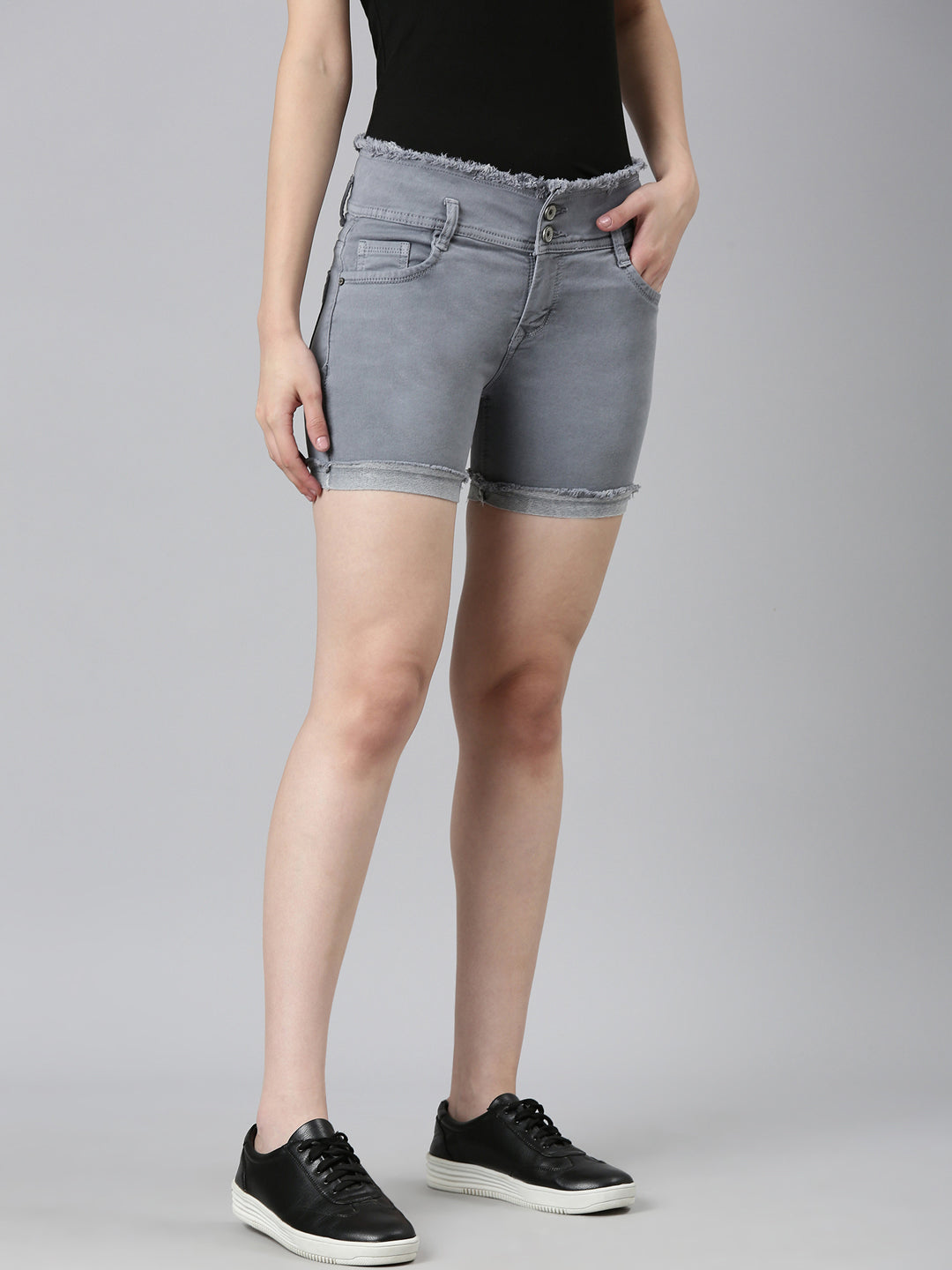 Women Grey Solid Denim Shorts