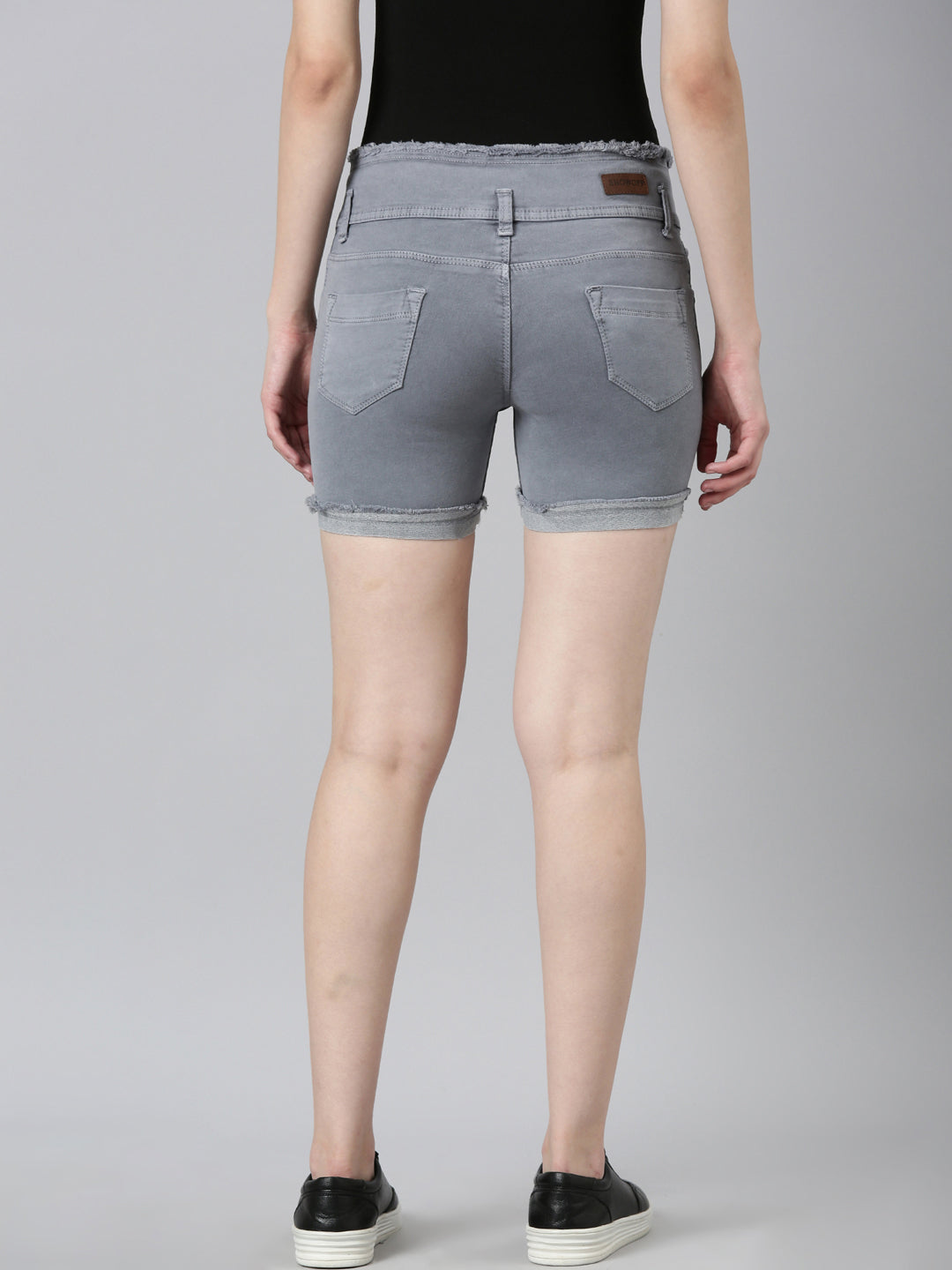 Women Grey Solid Denim Shorts