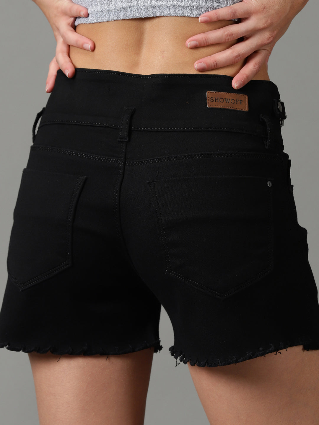 Women's Black Solid Denim Shorts