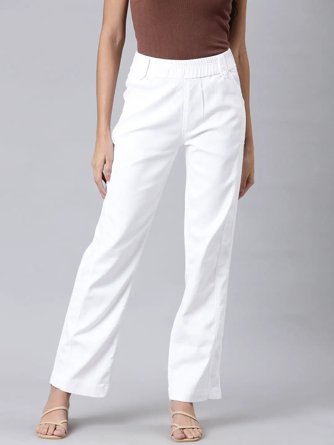 Women's White Solid Wide Leg Denim Jeans