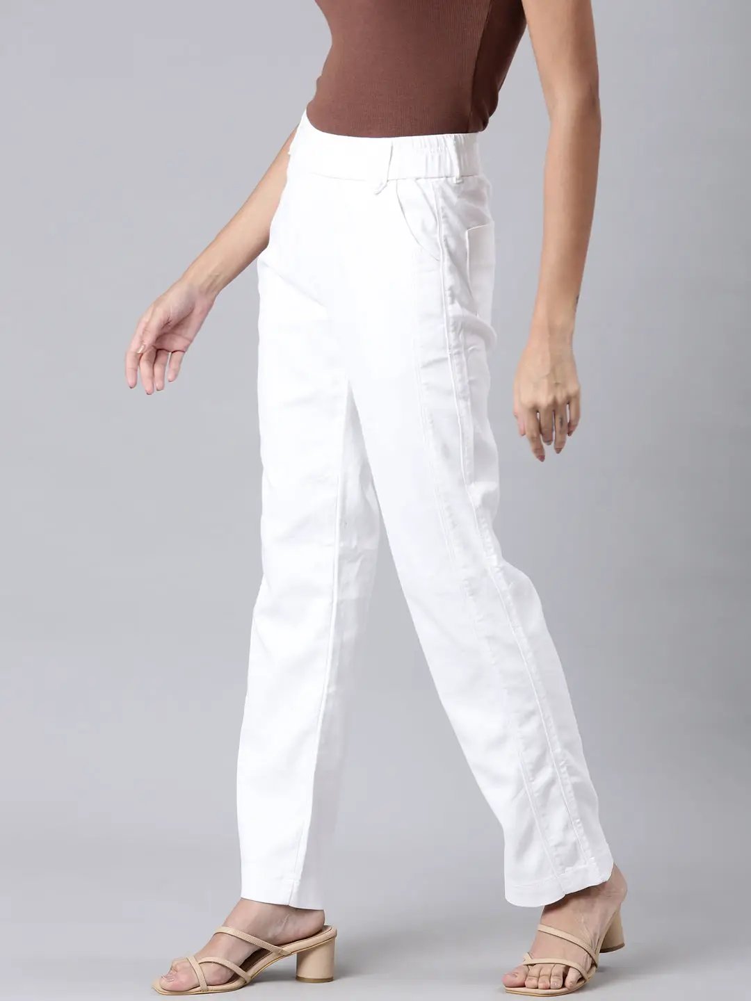 Women's White Solid Wide Leg Denim Jeans