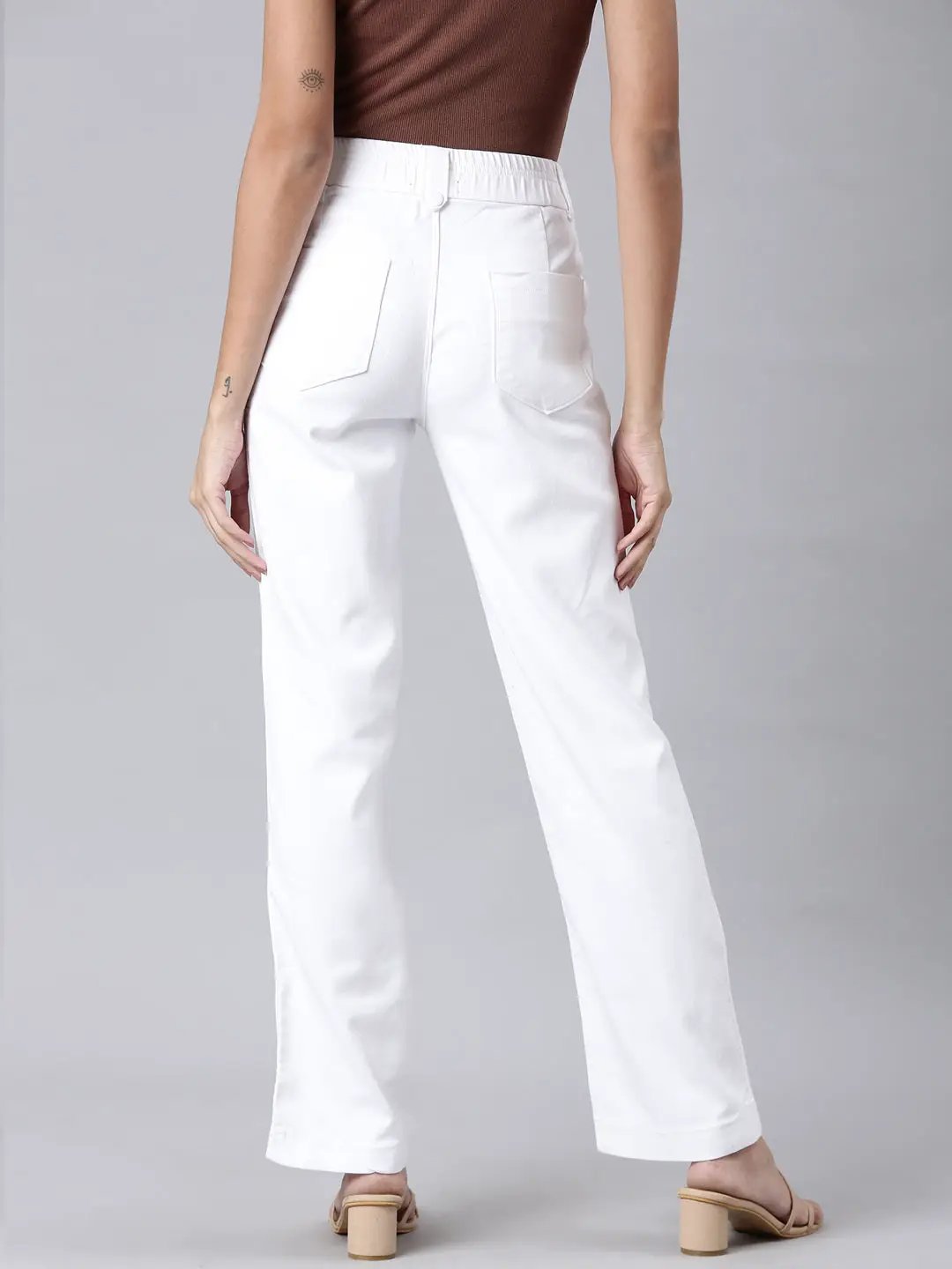 Women's White Solid Wide Leg Denim Jeans