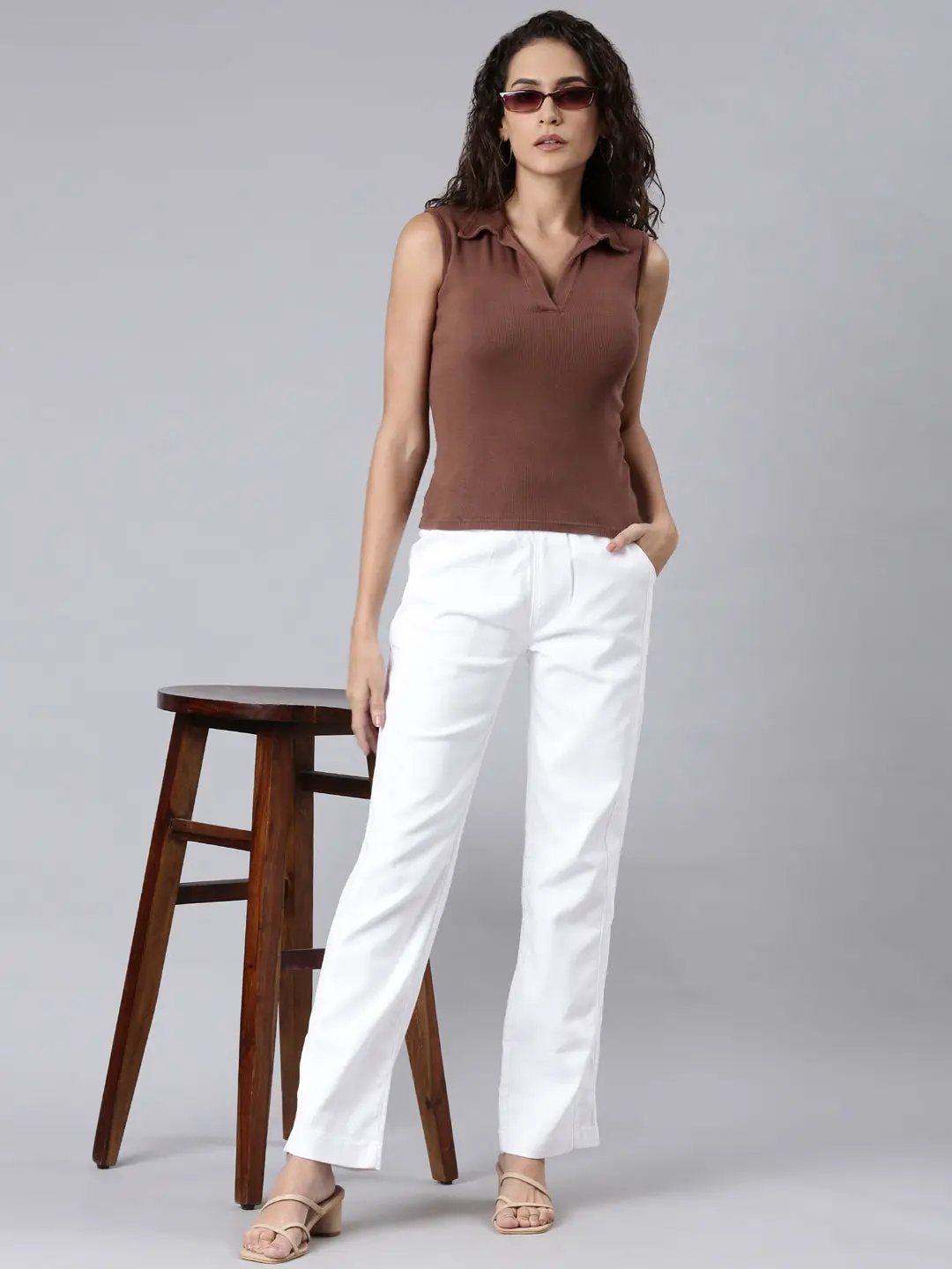 Women's White Solid Wide Leg Denim Jeans