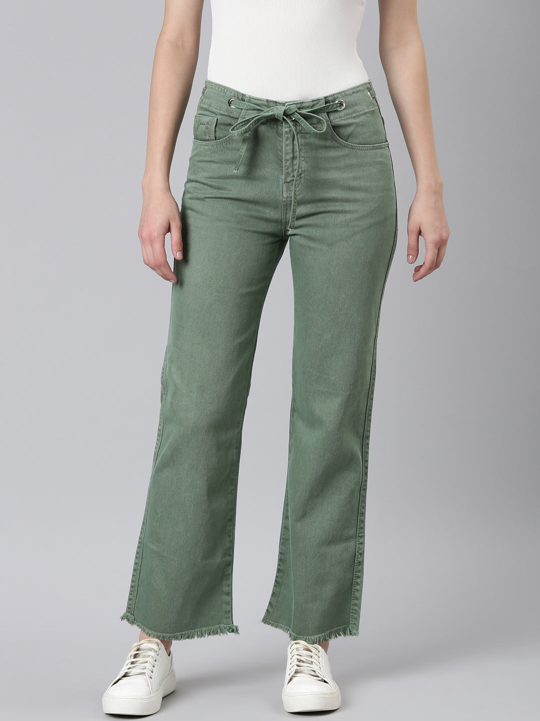 Women Green Solid Straight Fit Denim Jeans