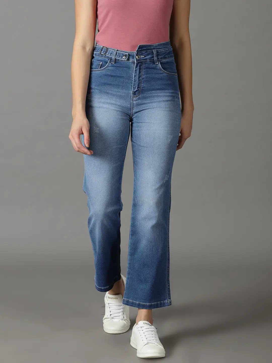 Women's Blue Solid Straight Fit Denim Jeans