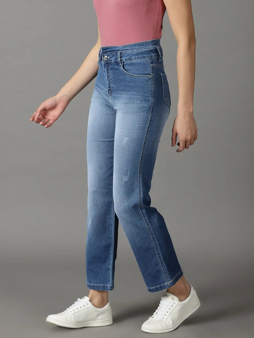Women's Blue Solid Straight Fit Denim Jeans