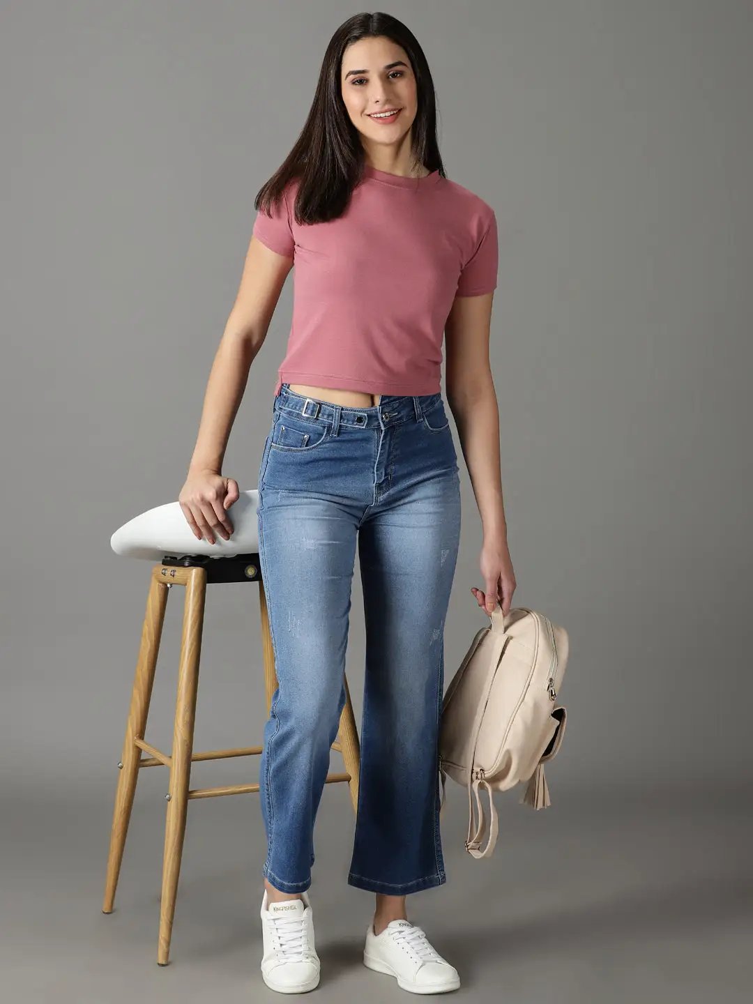 Women's Blue Solid Straight Fit Denim Jeans