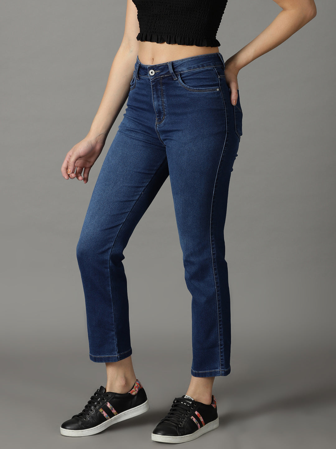 Women's Navy Blue Solid Straight Fit Denim Jeans