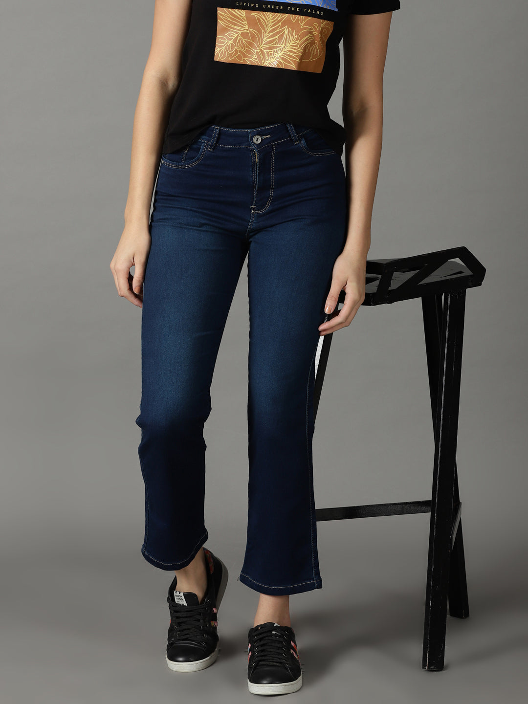 Women's Navy Blue Solid Straight Fit Denim Jeans