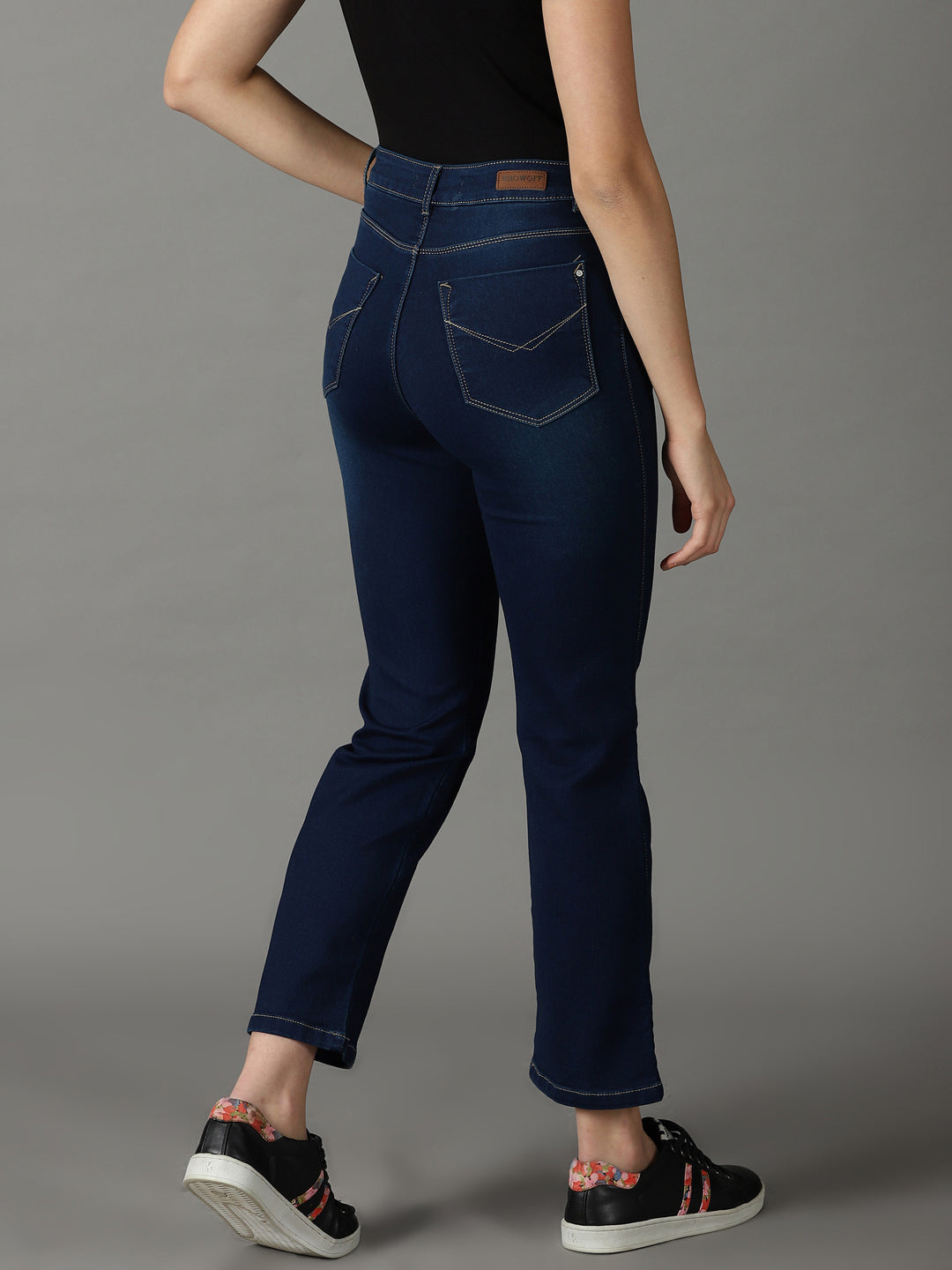 Women's Navy Blue Solid Straight Fit Denim Jeans