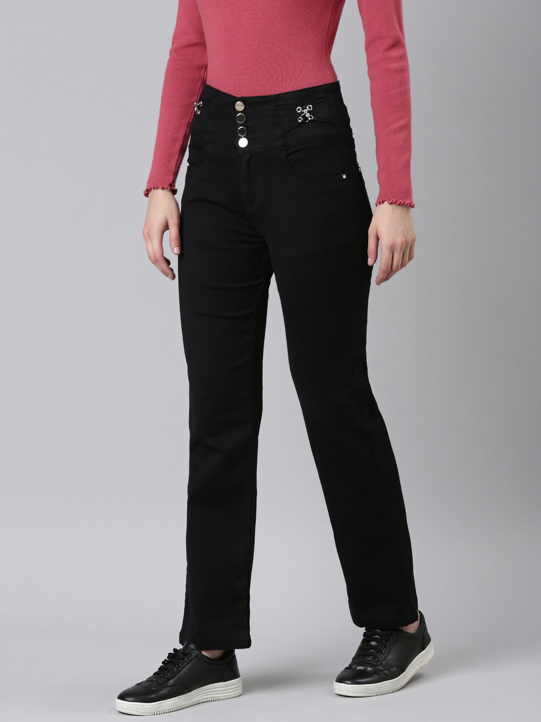 Women Black Solid Straight Fit Denim Jeans