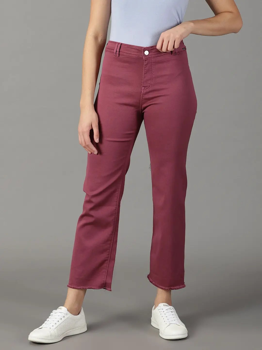 Women's Magenta Solid Wide Leg Denim Jeans